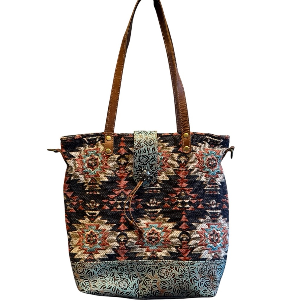 Myra Southwestern Geometric Tapestry & Tooled Leather Tote Carryall Boho